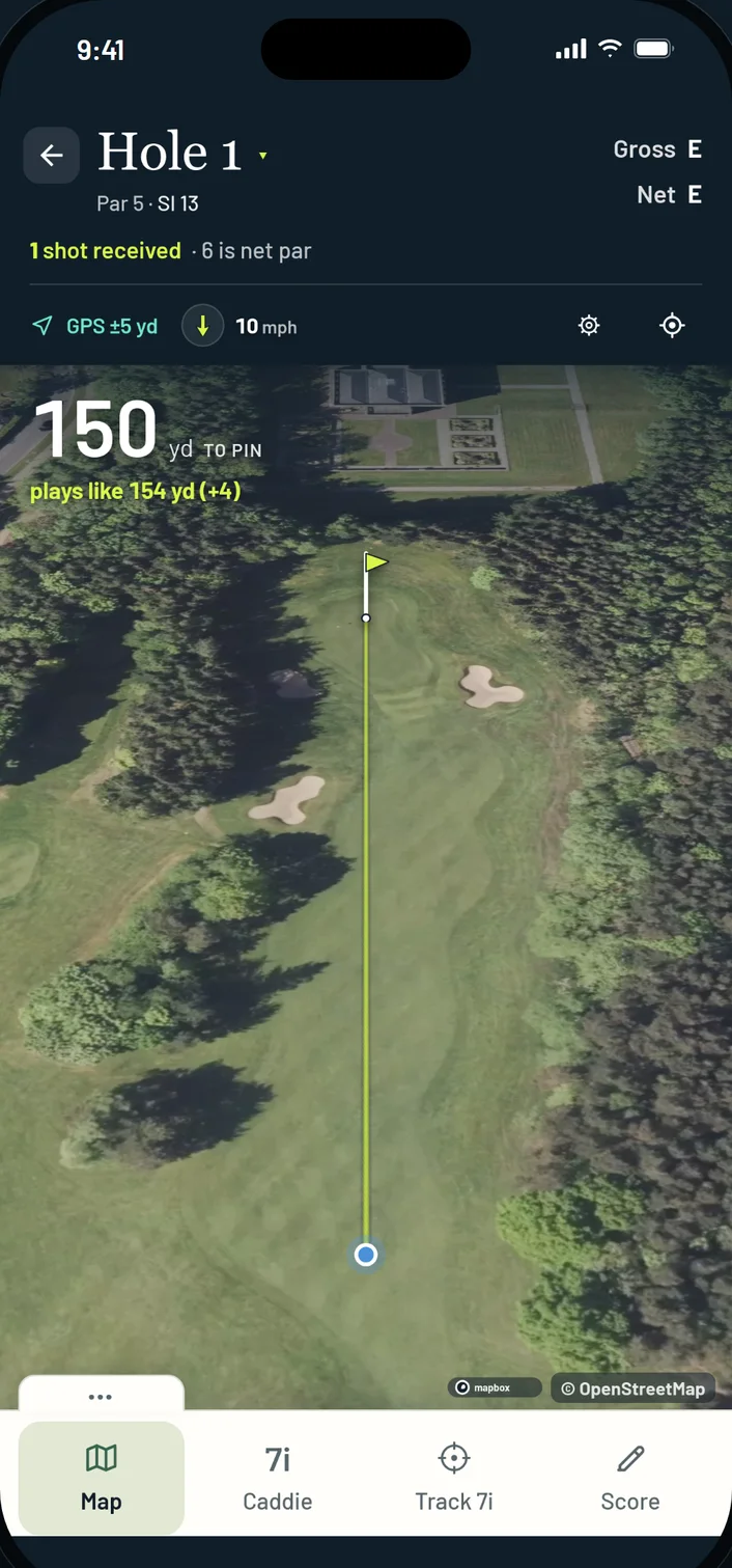 SHANKED satellite map, pin distance and scoring controls