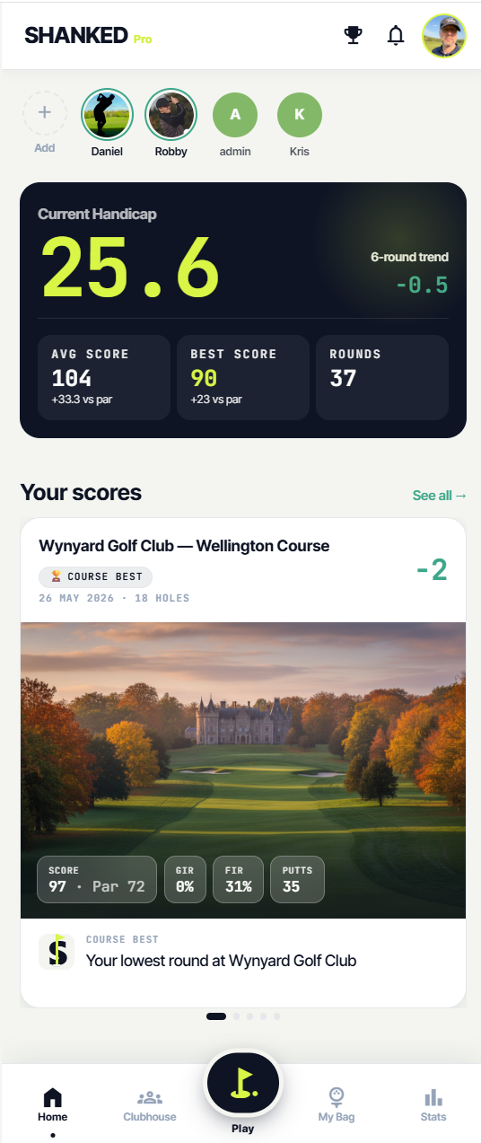 Shanked home screen showing a live WHS handicap